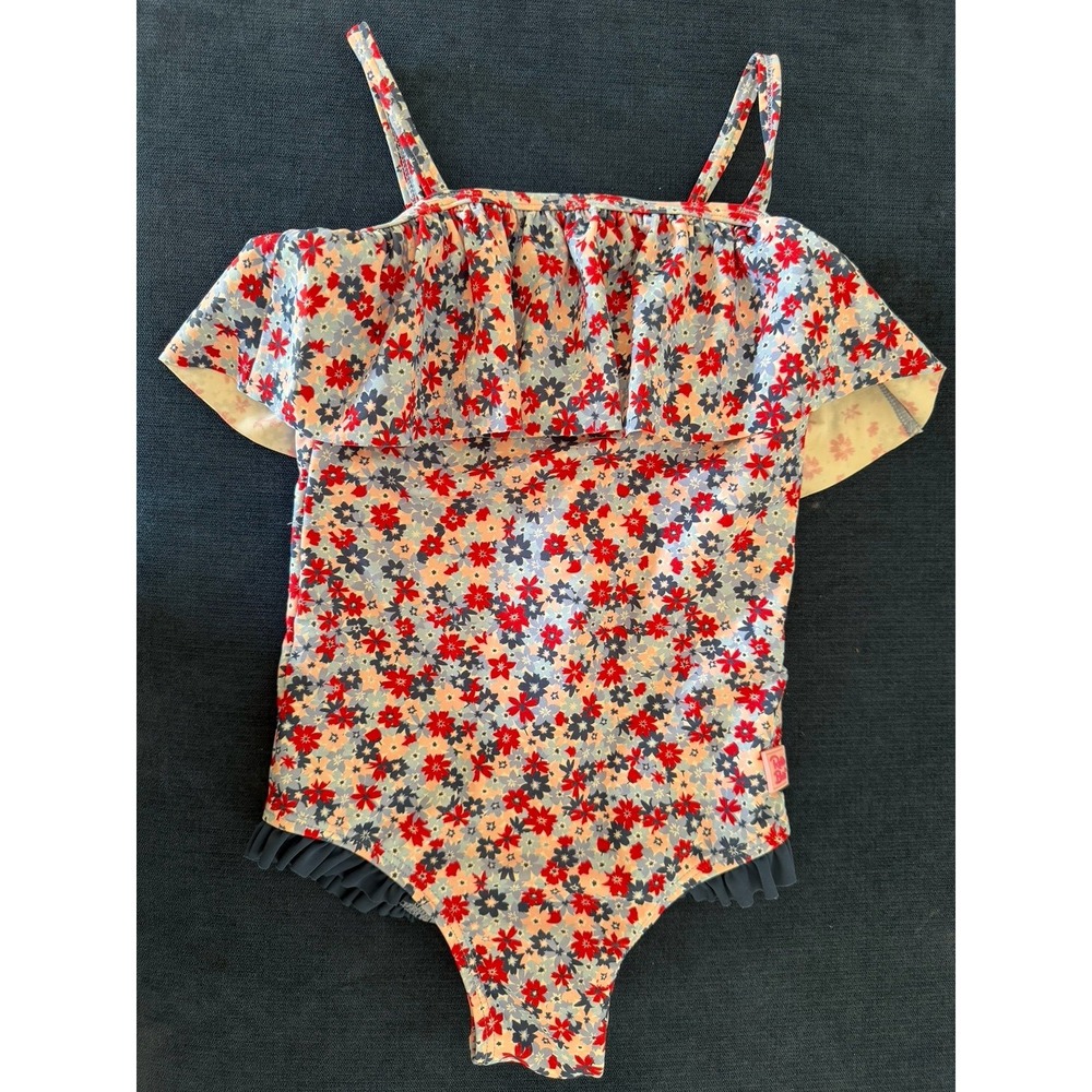 RuffleButts Girls Red Pink Floral Swimsuit 4T